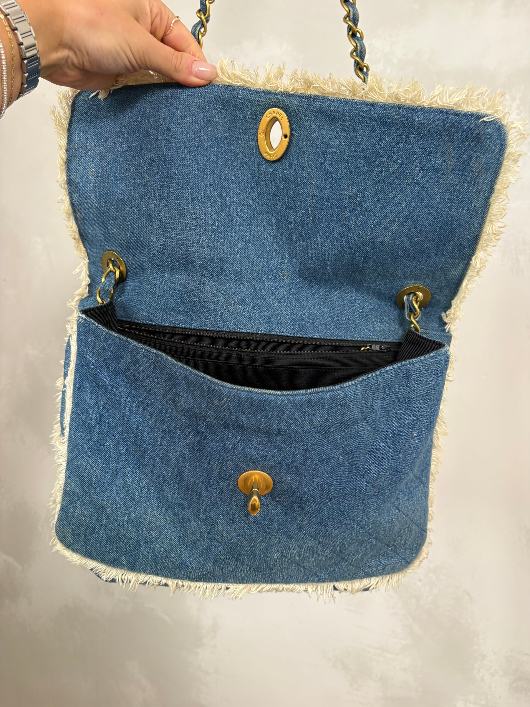 Chanel Blue Denim Cream Fringed Bag