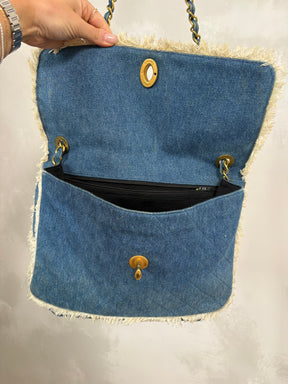 Chanel Blue Denim Cream Fringed Bag