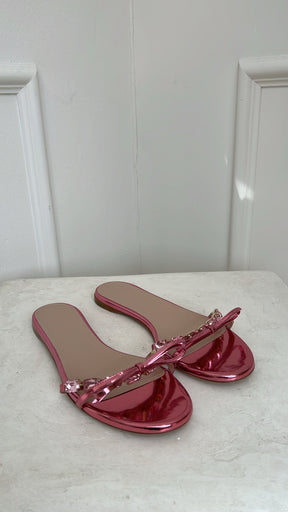 Giambattista Valli Pink Metallic Crystal Bow Slides, 37.5