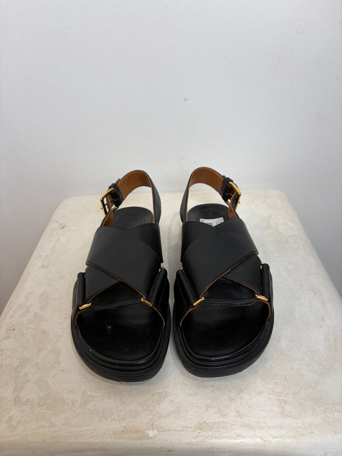 Marni Black Leather Fussbet Sandals, 38