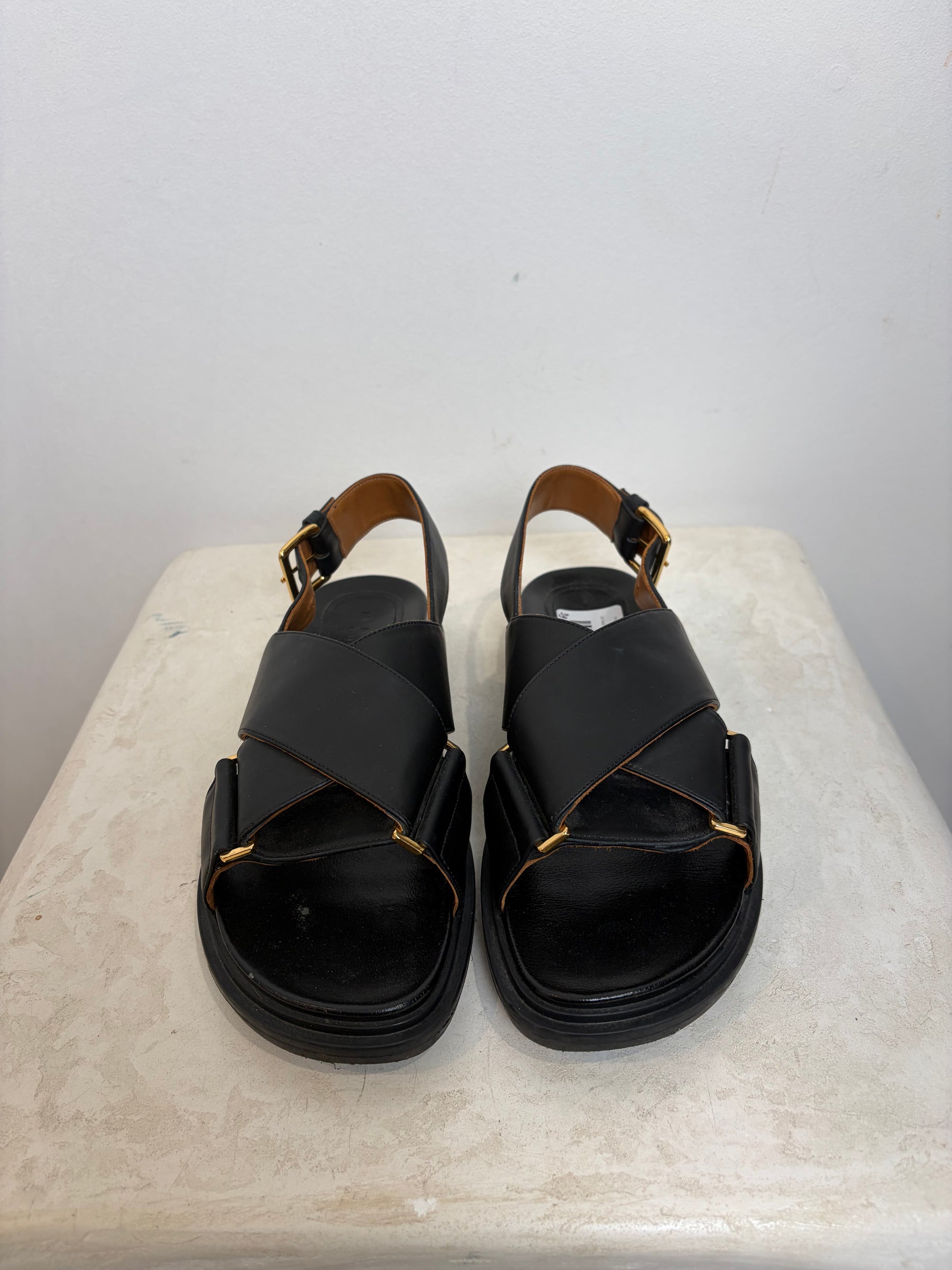Marni Black Leather Fussbet Sandals, 38