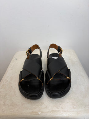 Marni Black Leather Fussbet Sandals, 38