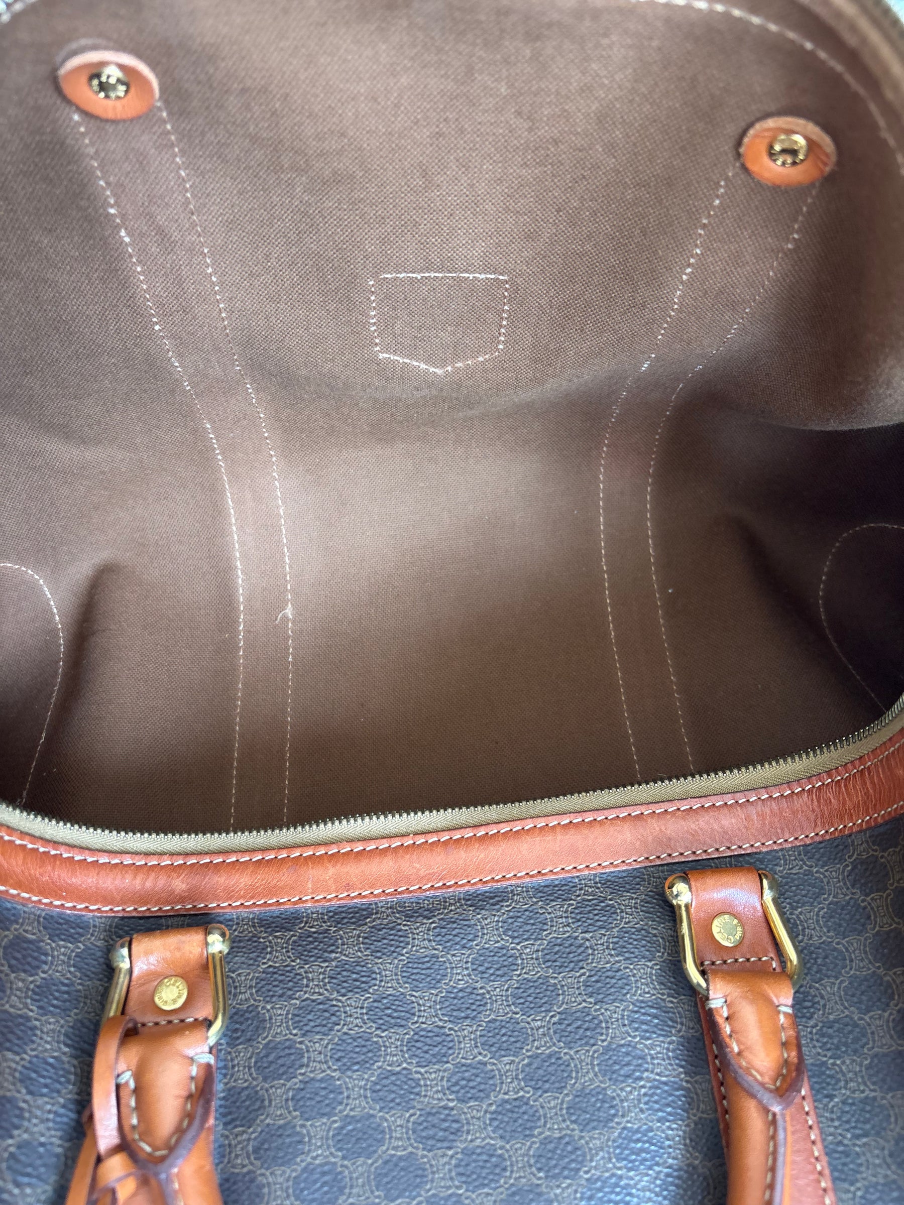 Celine Triomphe Canvas and Tan Leather Trim Duffle Bag