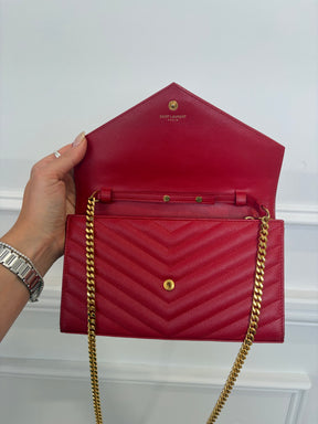 Saint Laurent Red Grained Chevron Leather Cassandre Chain Wallet