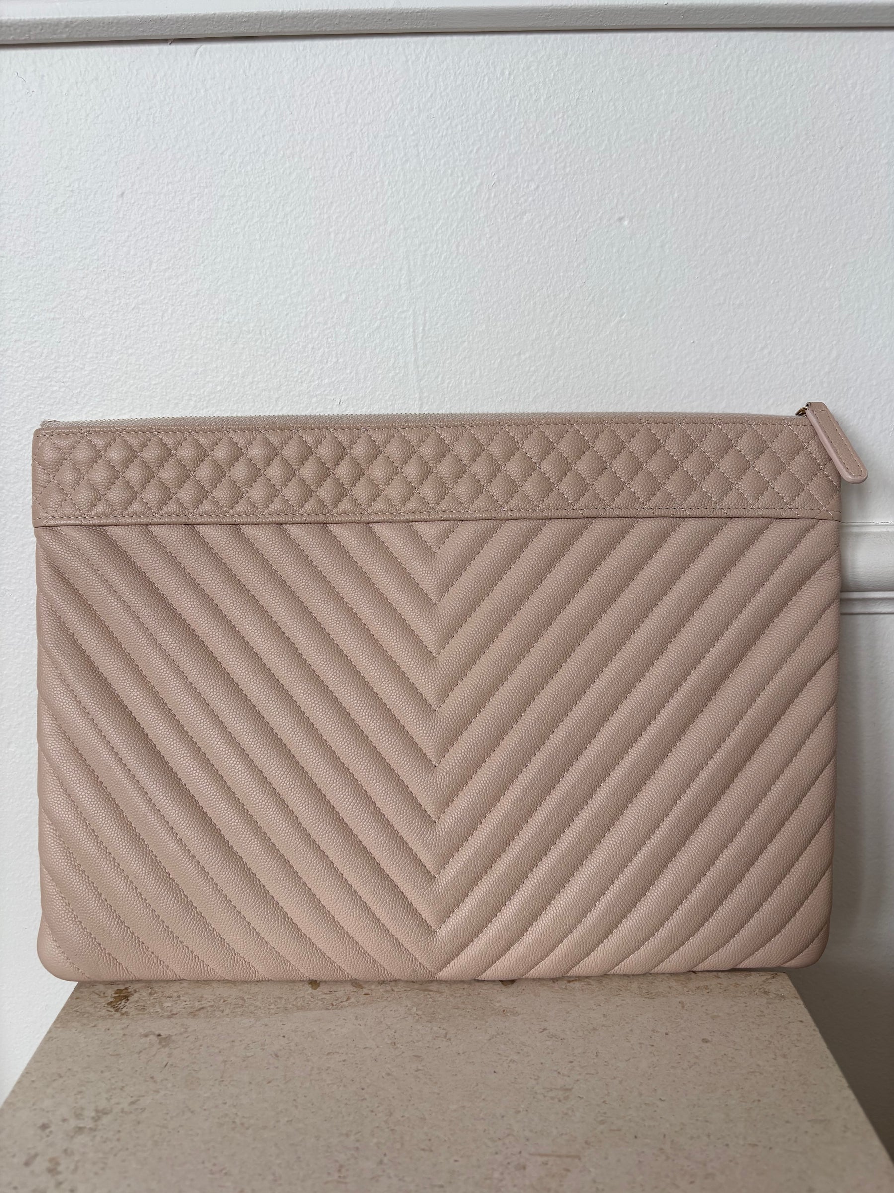 Chanel Biege Caviar Chevron Quilted  Zipped Pouch