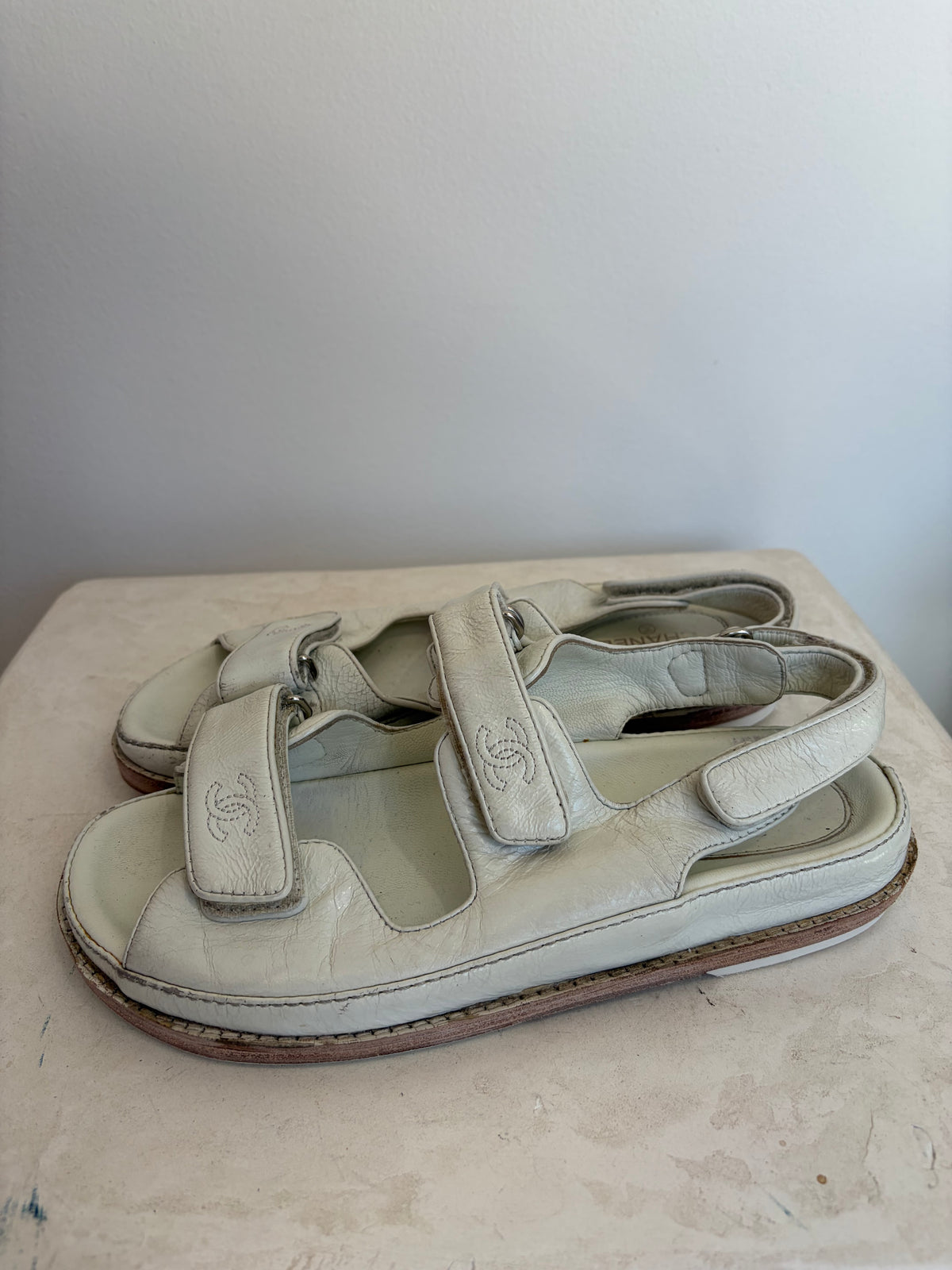 Chanel White Patent Leather Dad Sandals, 39 C