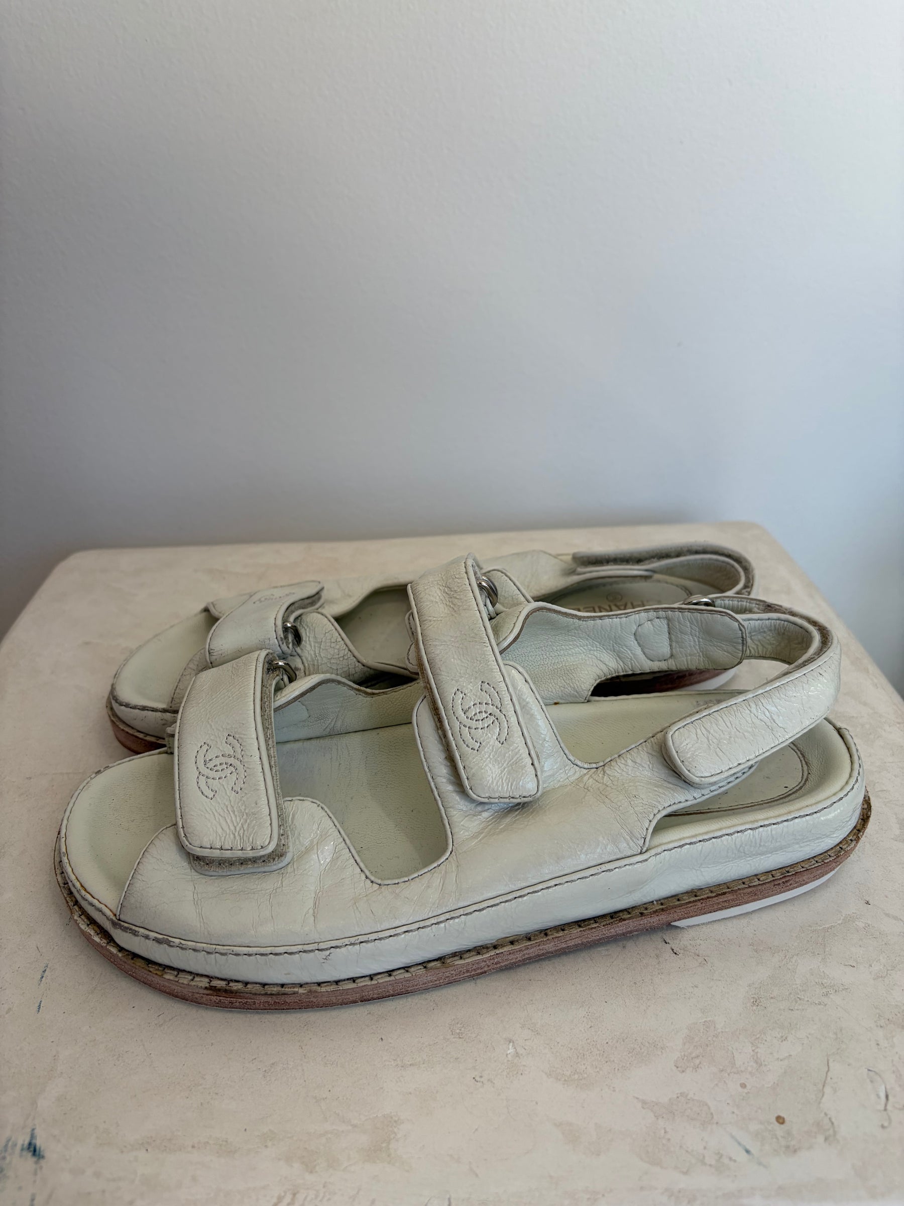 Chanel White Patent Leather Dad Sandals, 39 C