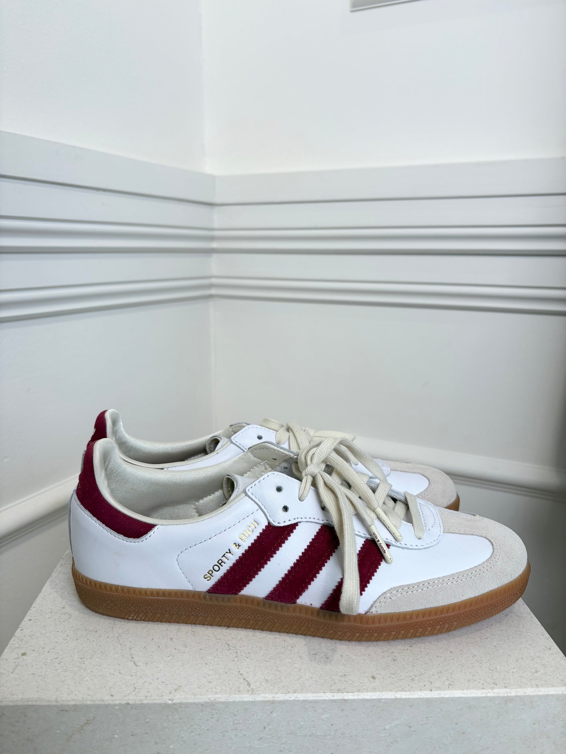 Adidas x Sporty and Rich White Leather and Maroon Samda Sneakers, 8 US