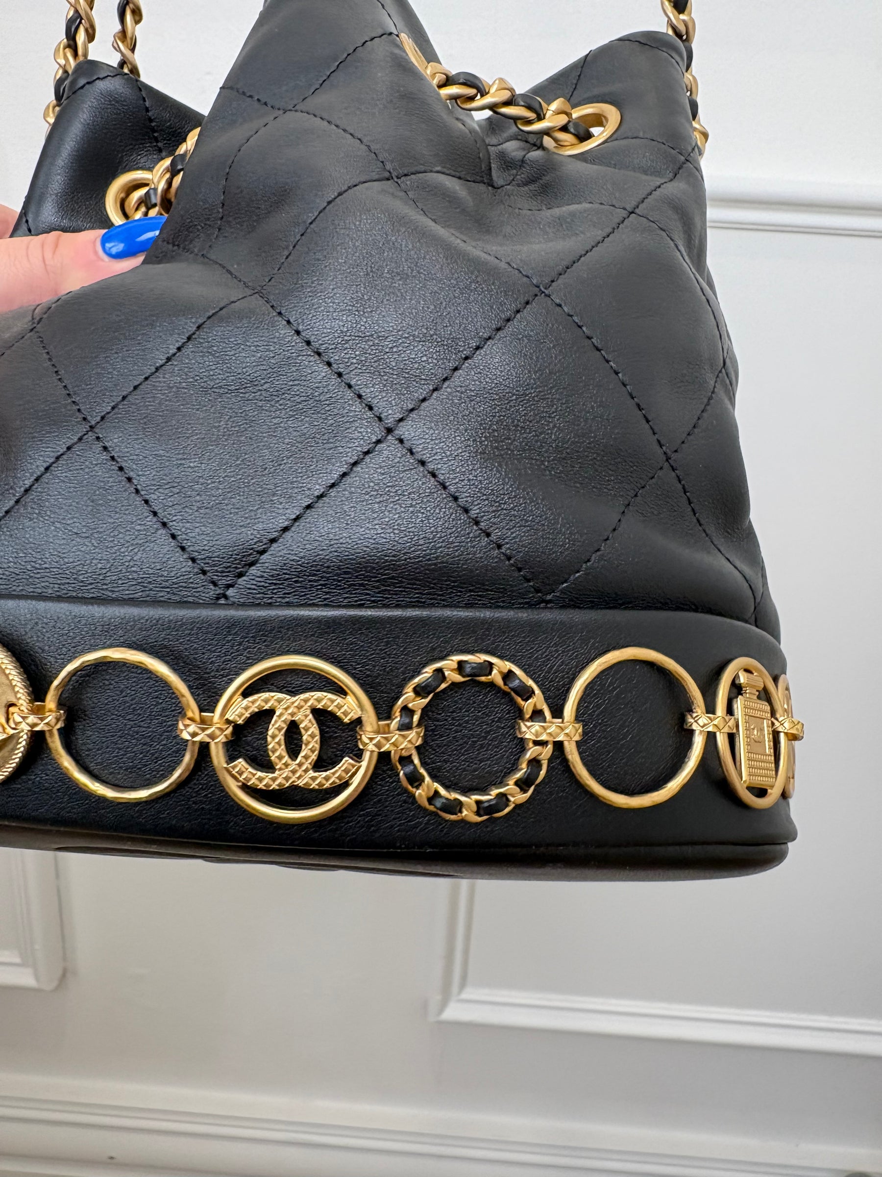 Chanel Black Lambskin Leather Charm Bucket Bag