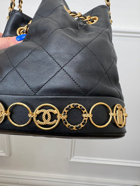Chanel Black Lambskin Leather Charm Bucket Bag
