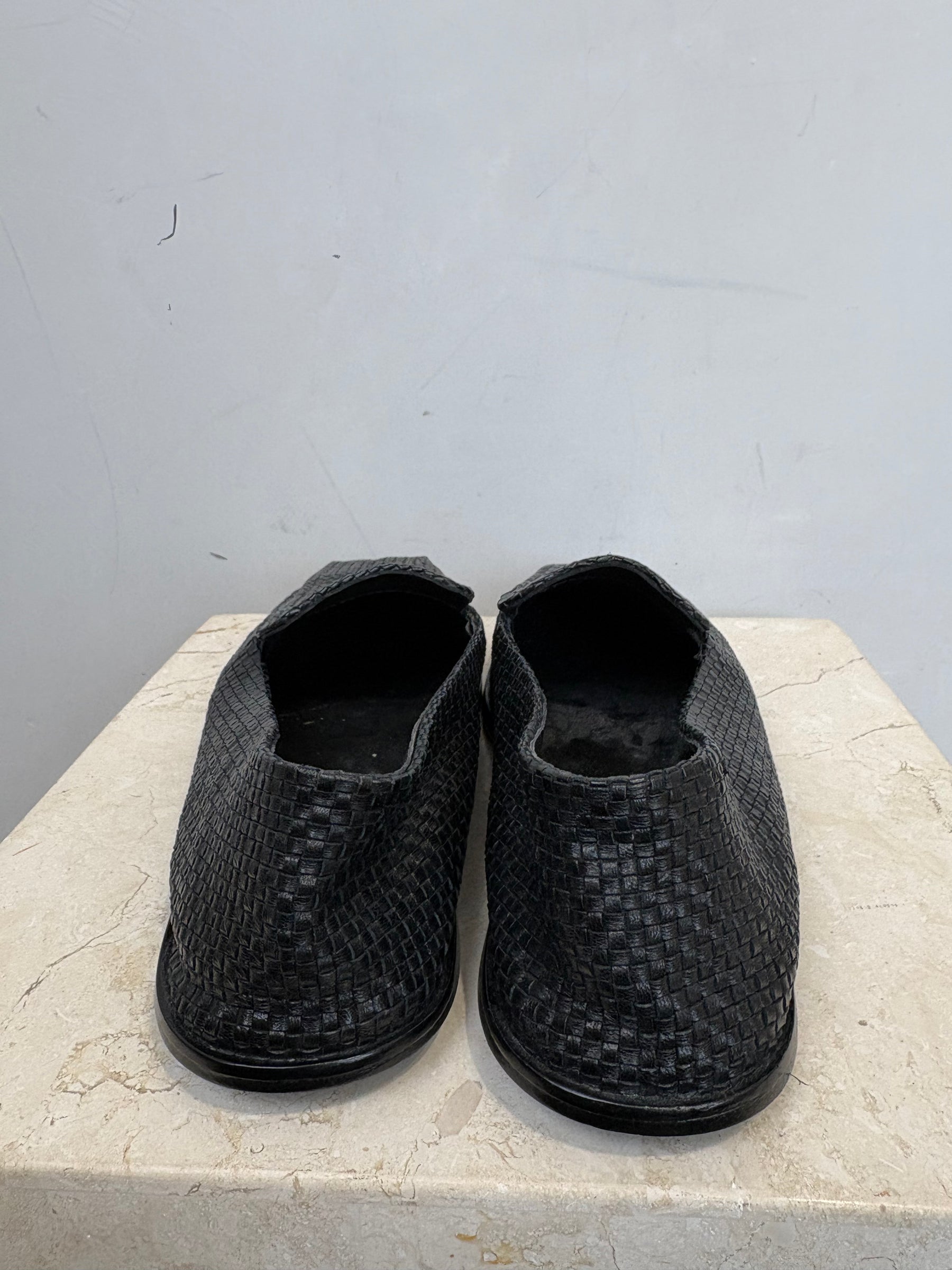 St. Agni Black Woven Leather Square Toe Flats, 40