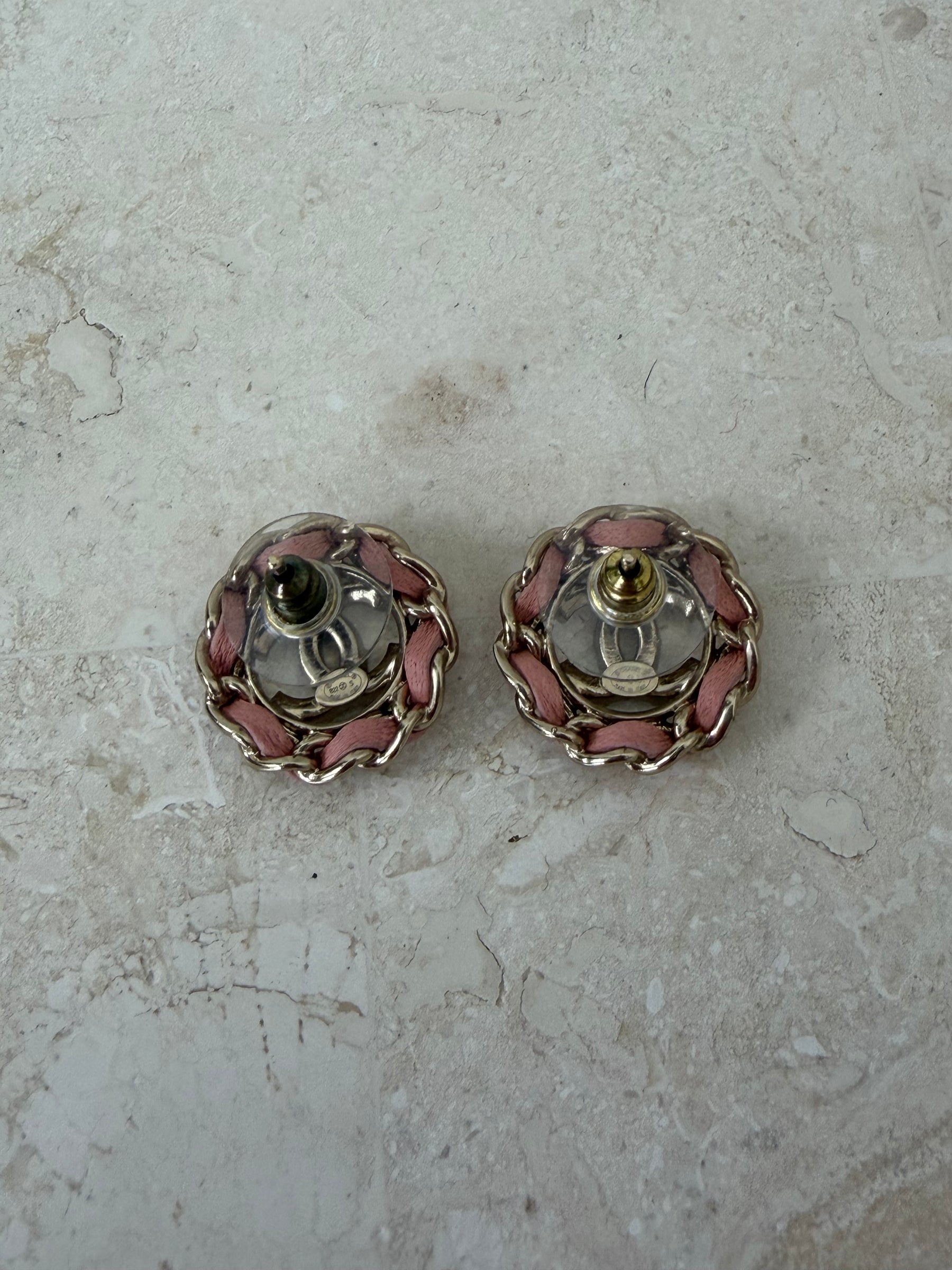 Chanel Gold Tone and Crystal Pink Woven Logo Stud Earrings