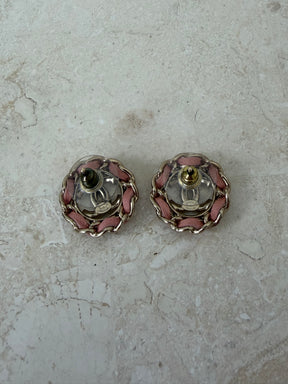 Chanel Gold Tone and Crystal Pink Woven Logo Stud Earrings
