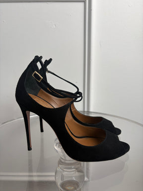 Aquazzura Black Suede Peep Toe Ankle Strap heels, 38.5