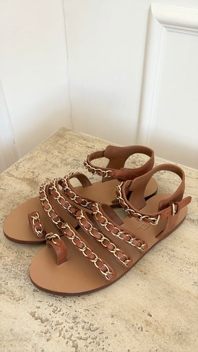 Chanel Tan leather and Gold Chain Sandals, 40C