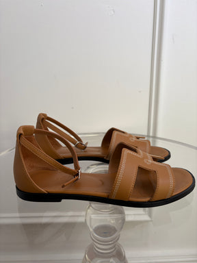 Hermès Tan Leather Embroidered Santorini Sandals, 37