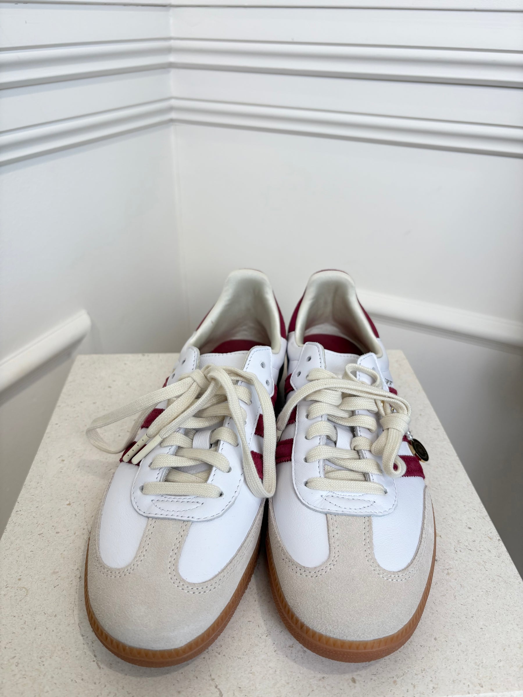 Adidas x Sporty and Rich White Leather and Maroon Samda Sneakers, 8 US