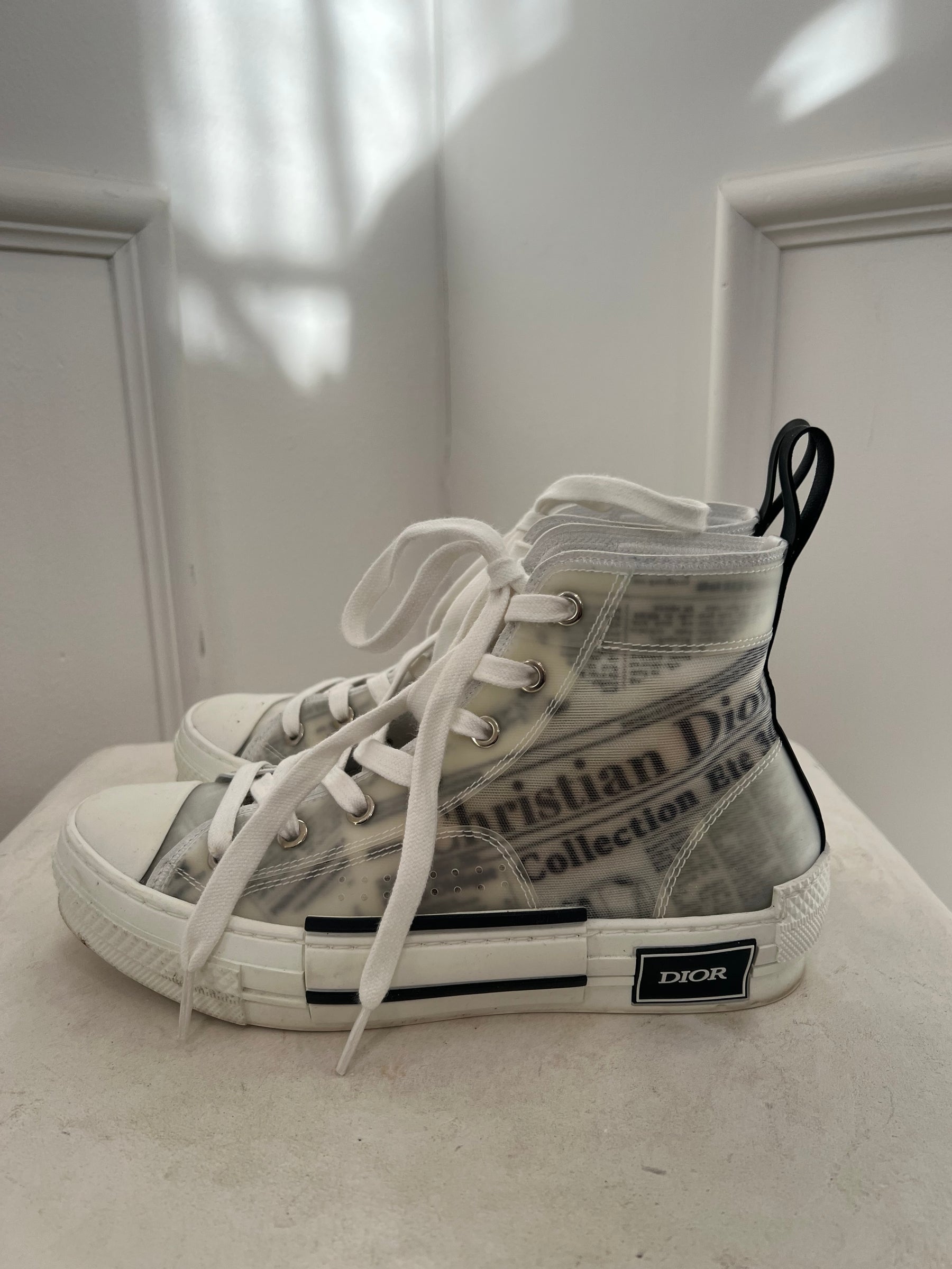 Dior Newspaper Print High Top Sneakers, 37