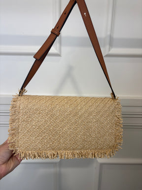 Oroton Raffia and Tan Leather Flap Bag