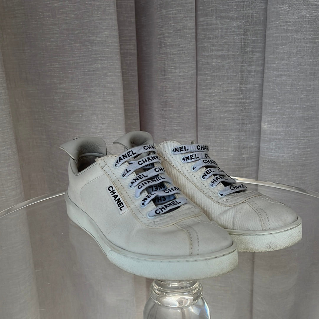 Chanel Ivory Logo Lace Canvas Sneakers, 36