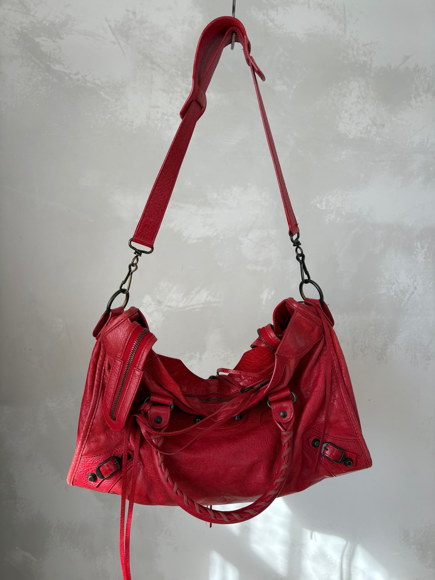 Balenciaga Cherry Red Leather Motorcycle City Bag