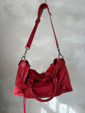 Balenciaga Cherry Red Leather Motorcycle City Bag