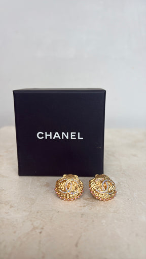 Chanel Gold Tone Crystal Logo Shell Earrings