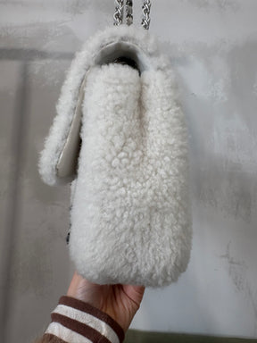 Chanel White and Black Floral Logo Medium Shearling Flap Bag