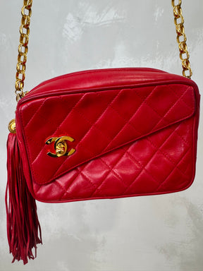 Chanel Red Leather Turn Lock Logo Tassel Camera Bag