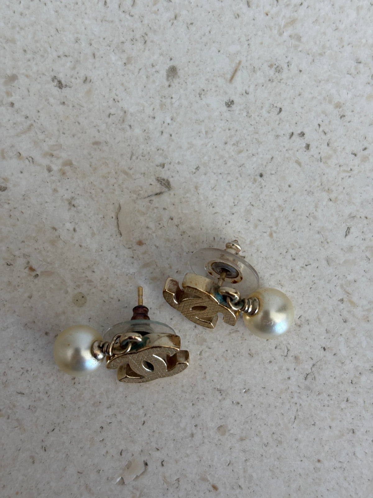 Chanel Pearl Drop Earrings Gold Tone