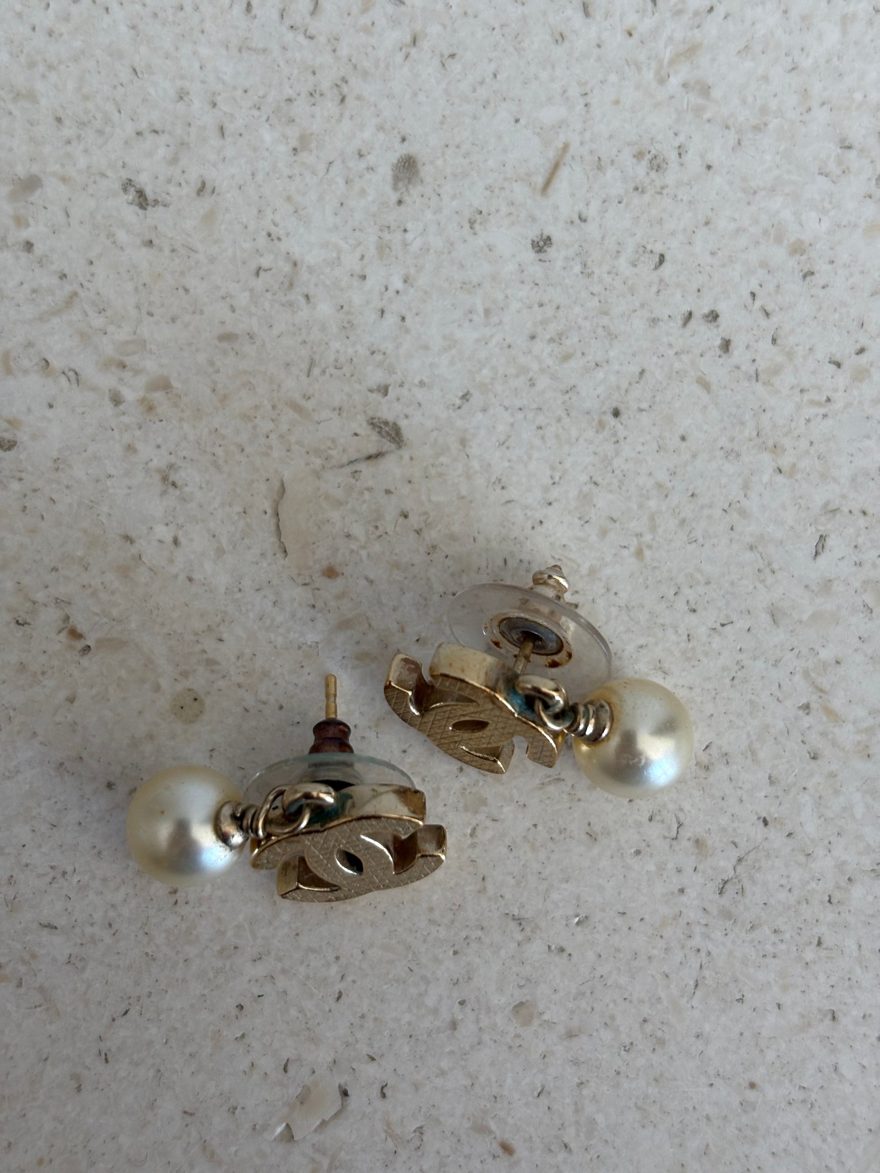 Chanel Pearl Drop Earrings Gold Tone