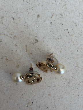 Chanel Pearl Drop Earrings Gold Tone