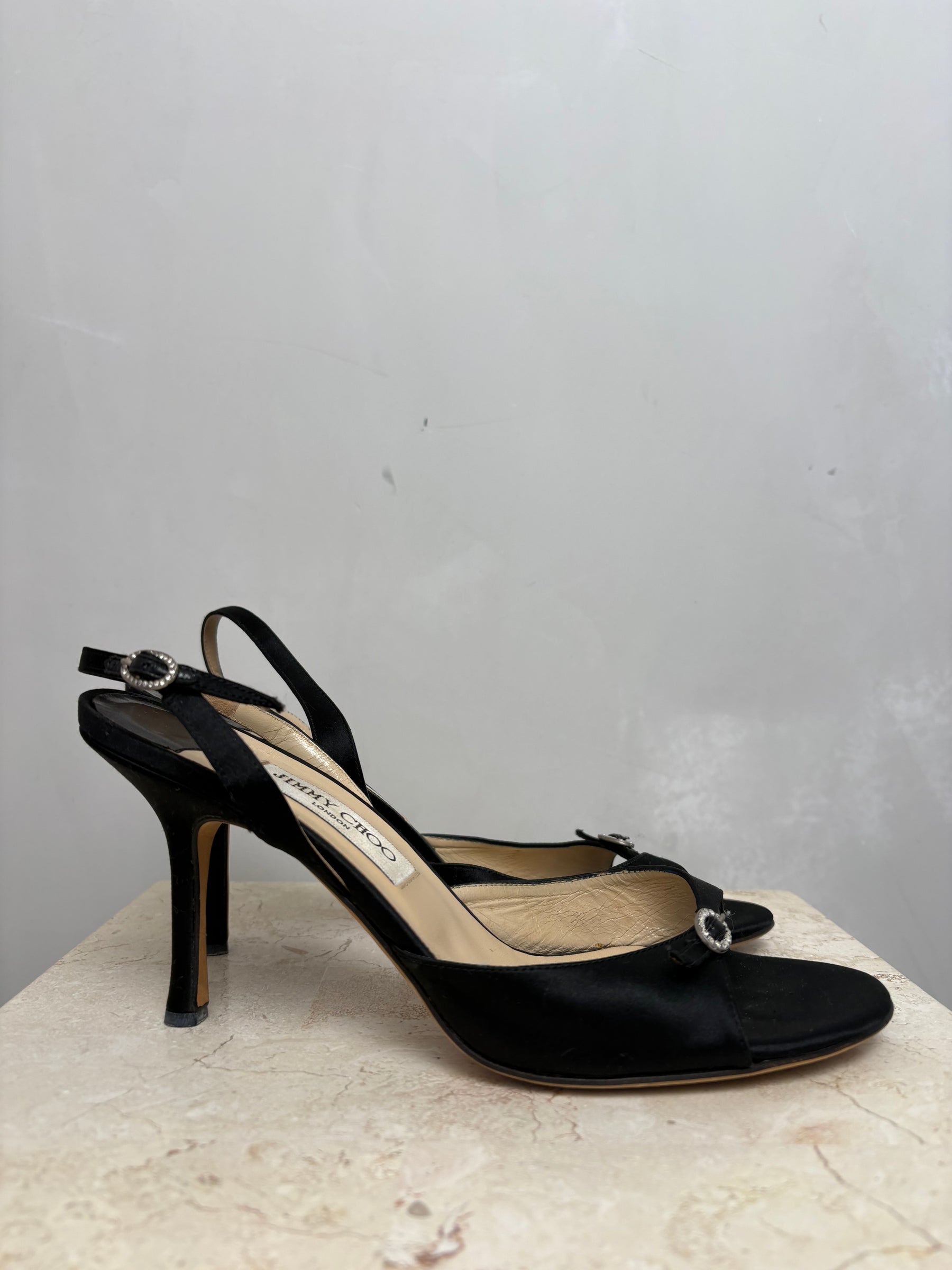 Jimmy Choo Black Satin Sling Back Heels With Crystal Detail, 41