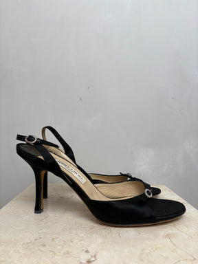 Jimmy Choo Black Satin Sling Back Heels With Crystal Detail, 41
