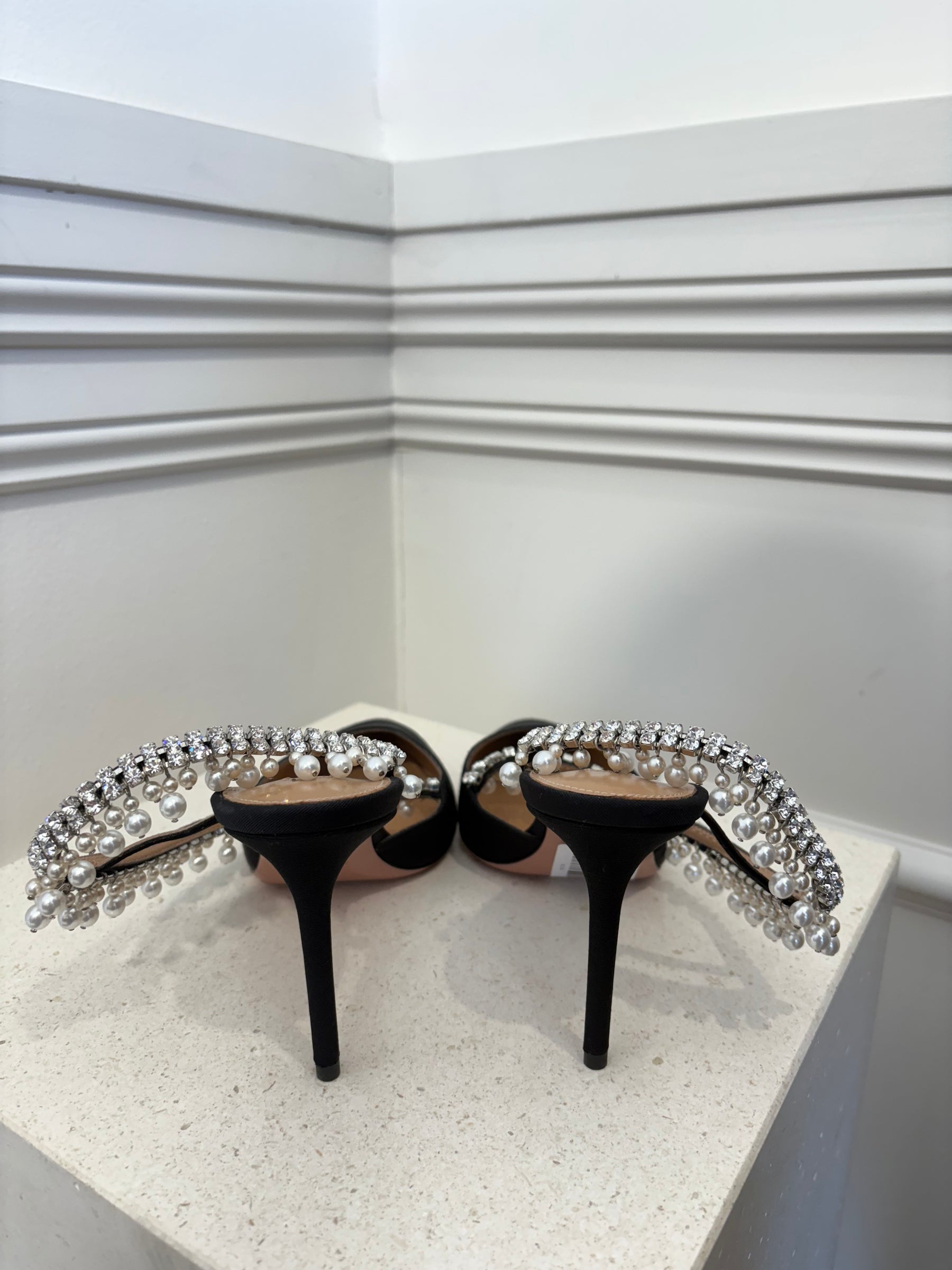 Aquazzura Black Grosgrain Pointed Pearl and Crystal Slingback Pumps, 38