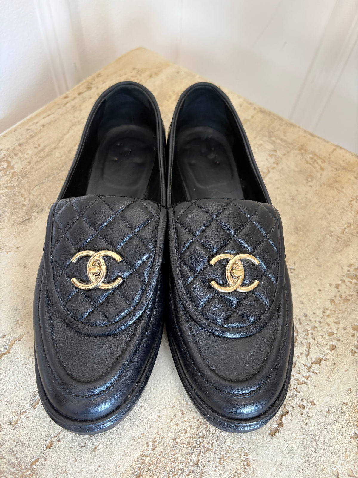 Chanel Black Quilted CC Turn Lock Loafers, 39C