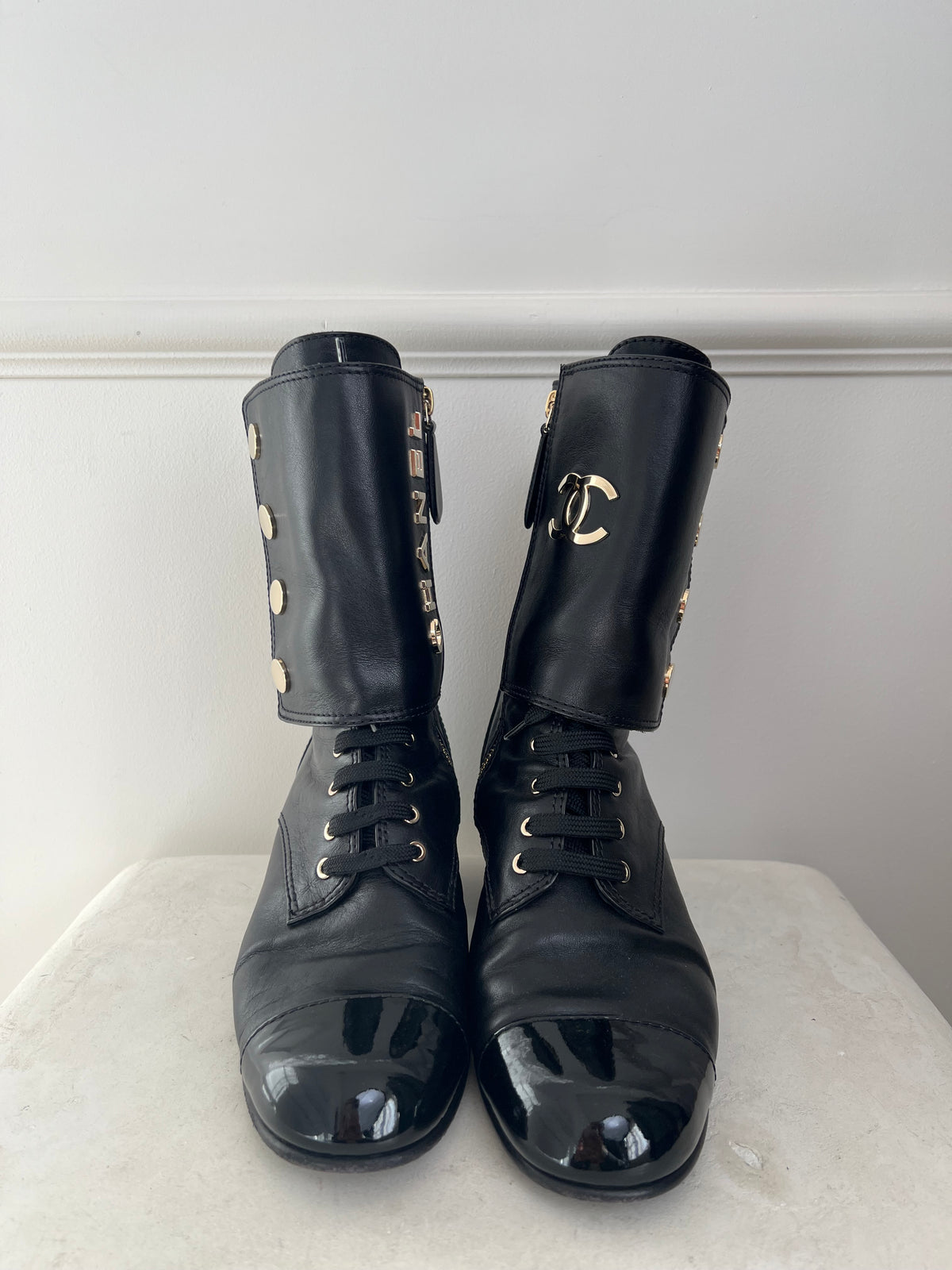 Chanel Black Leather Logo Press Stud Ankle Boots, 39.5