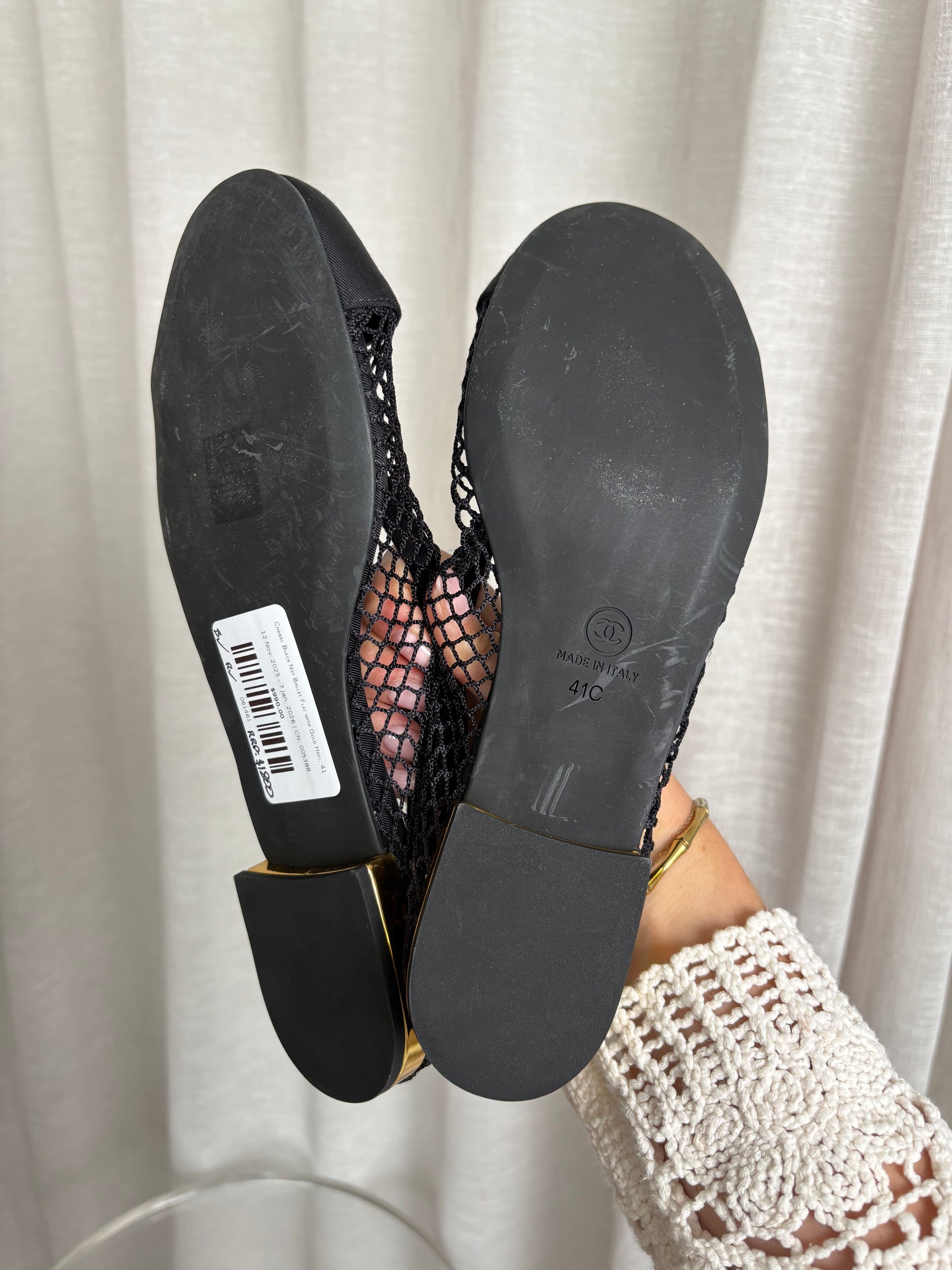 Chanel Black Net Ballet Flat with Gold Heel, 41
