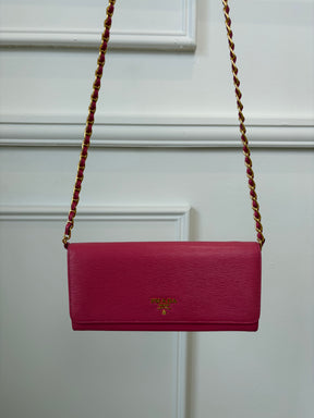 Prada Pink Grained Leather Wallet on Chain