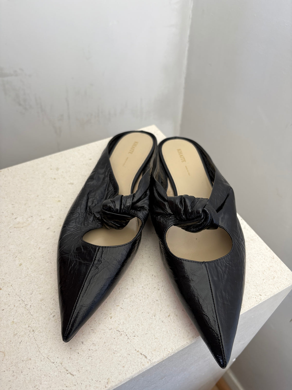 Khaite Black Shiny Crinkled Leather Pointed Flat, 40