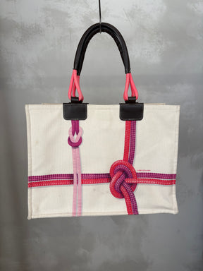 Longchamp Cream Pink and Purple Rope Print Canvas Tote