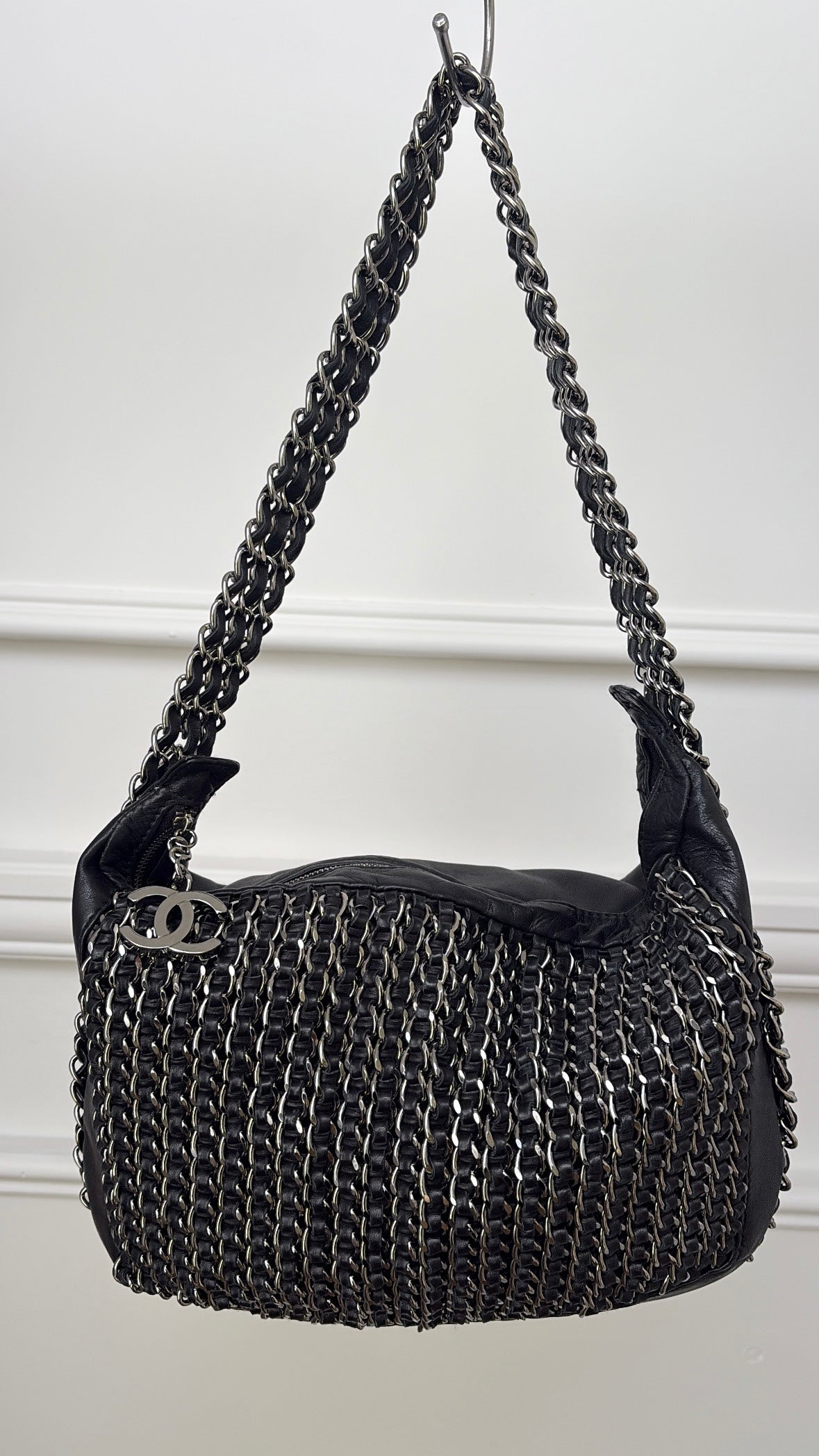 Chanel Lambskin Chain Hobo Bag Black Silver HW