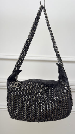 Chanel Lambskin Chain Hobo Bag Black Silver HW