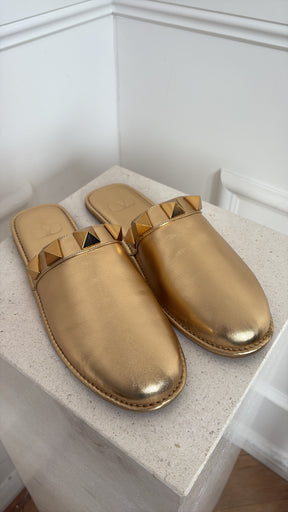 Valentino Garavani Gold Leather Roman Sud Slipper, 41.5