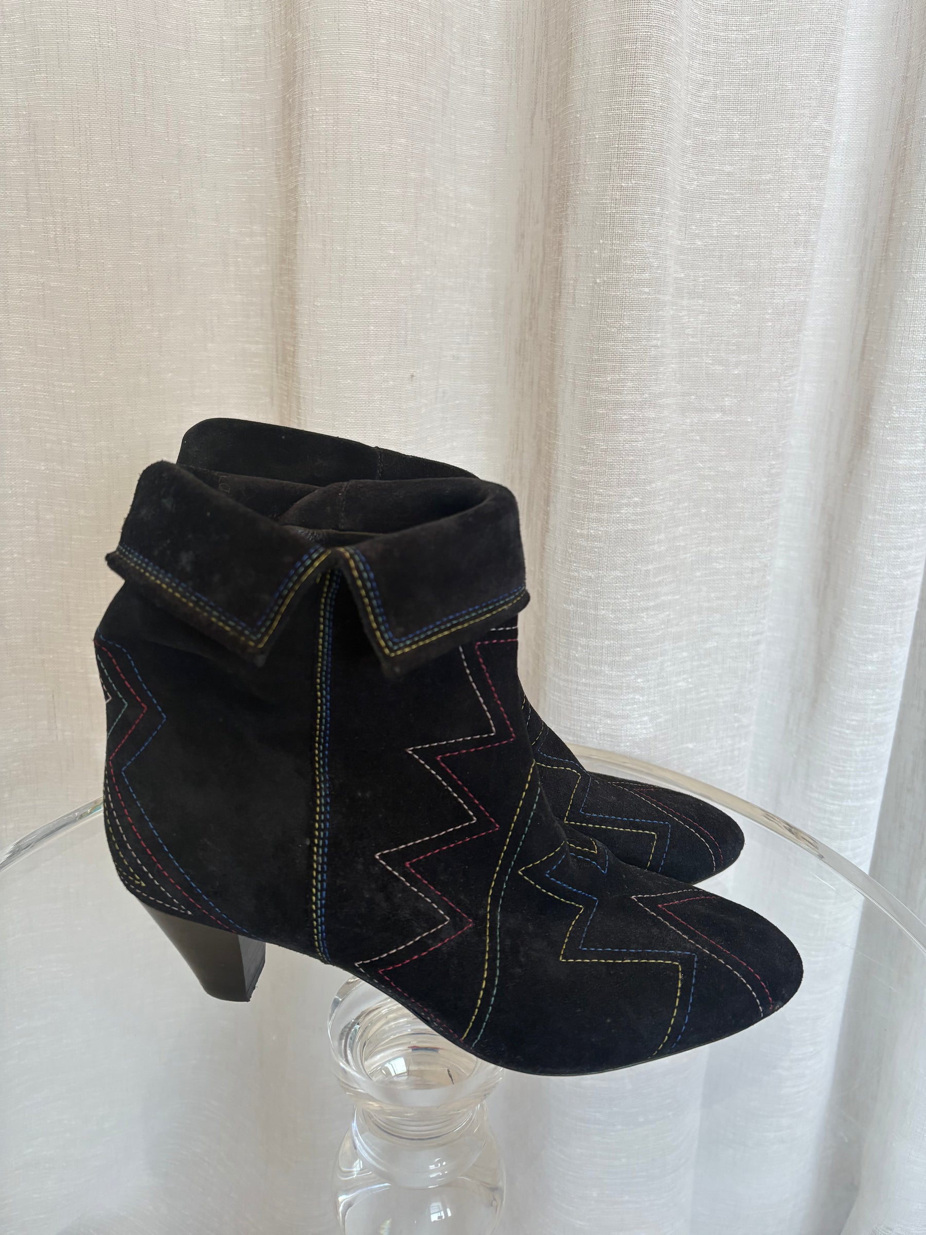Isabel Marant Black Suede Multi Topstitch Heeled Ankle Boot, 40