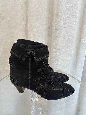 Isabel Marant Black Suede Multi Topstitch Heeled Ankle Boot, 40