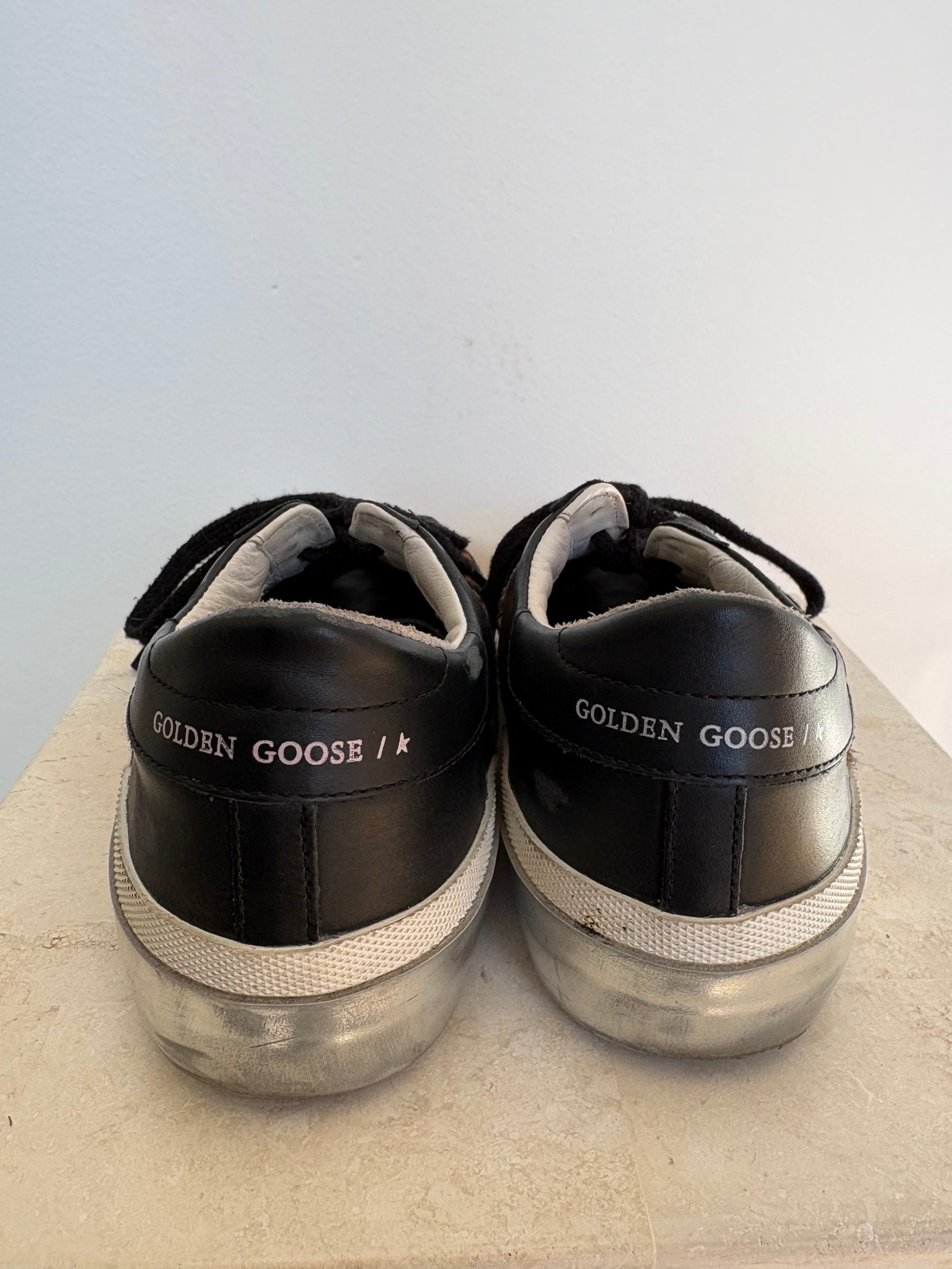 Golden Goose Black Leather and Leopard Superstar Sneakers, 41