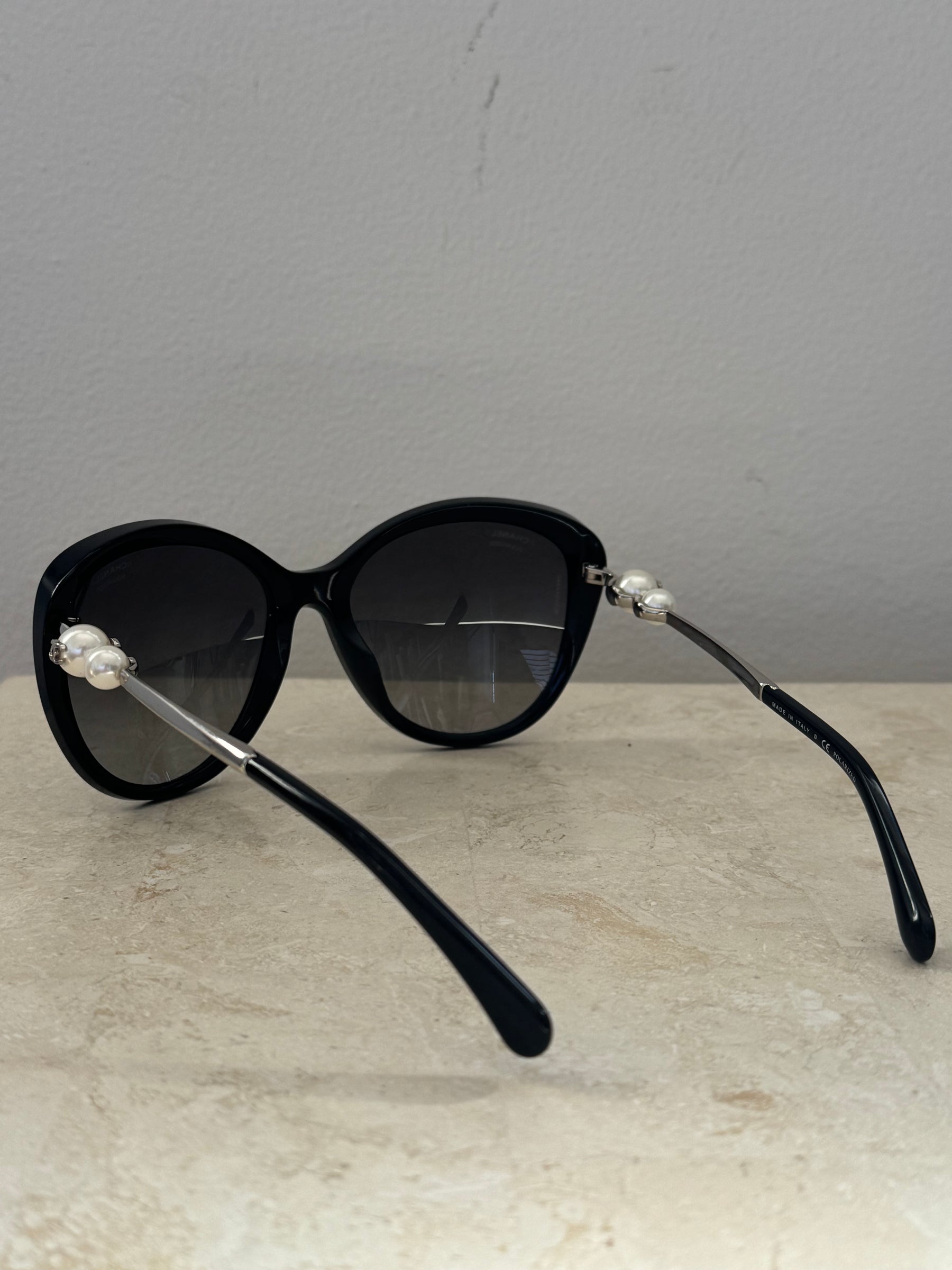 Chanel Black Oversized Pearl Arm Sunglasses