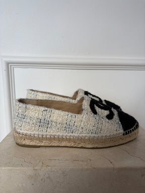 Chanel Cream and Black Tweed Logo Espadrilles, 36
