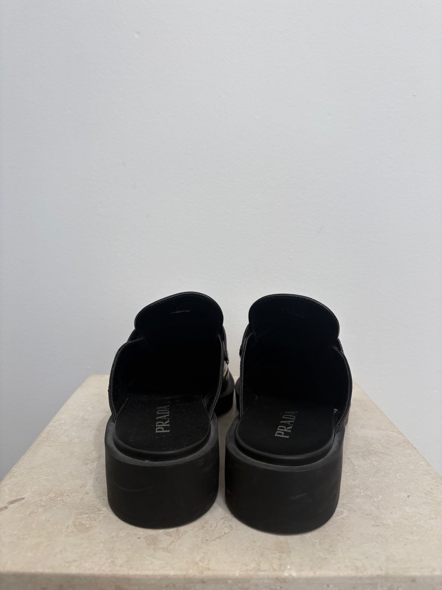 Prada Black Leather Backless Loafer, 41